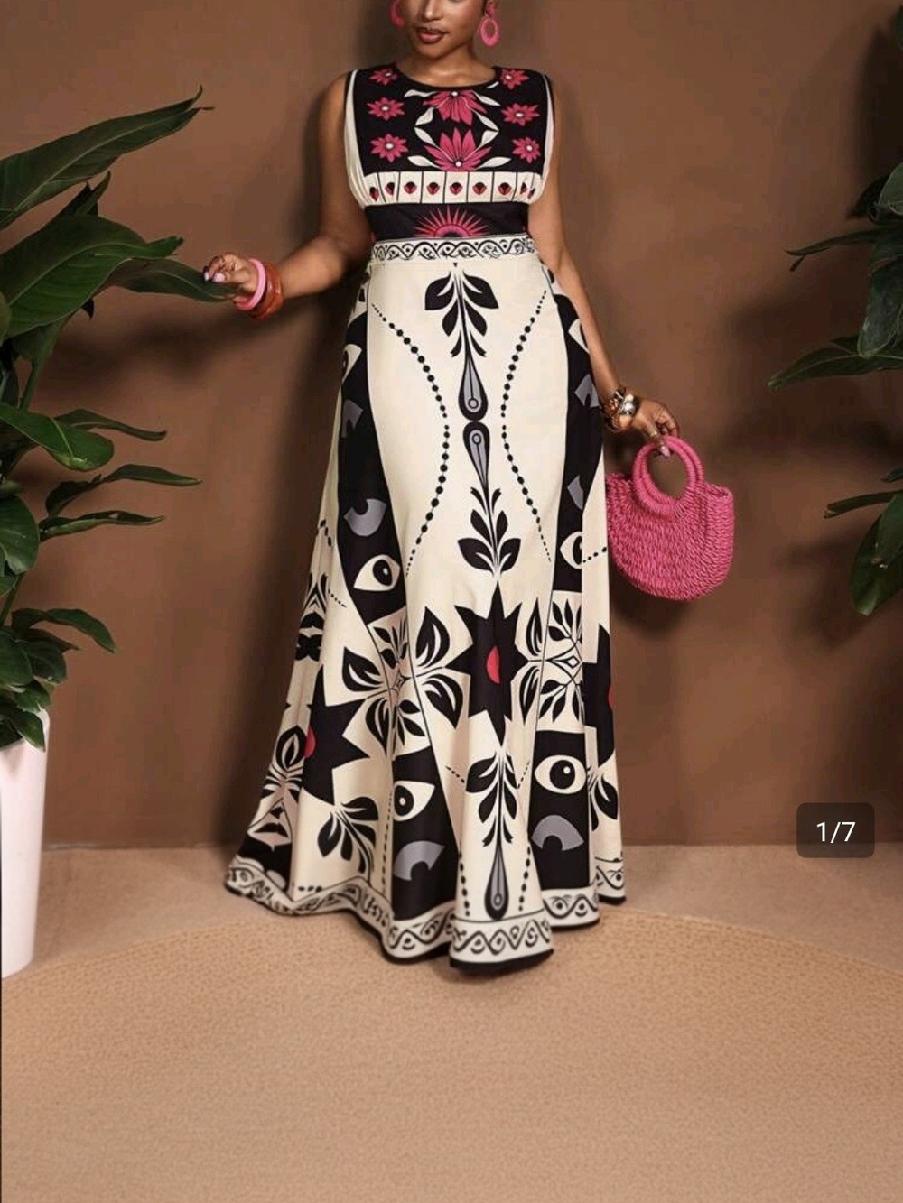 Floral Panel Maxi Skirt in Cream & Black with Pink Accents